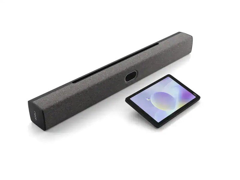 Bluetooth soundbar with wireless speaker and touchscreen display for meetings.