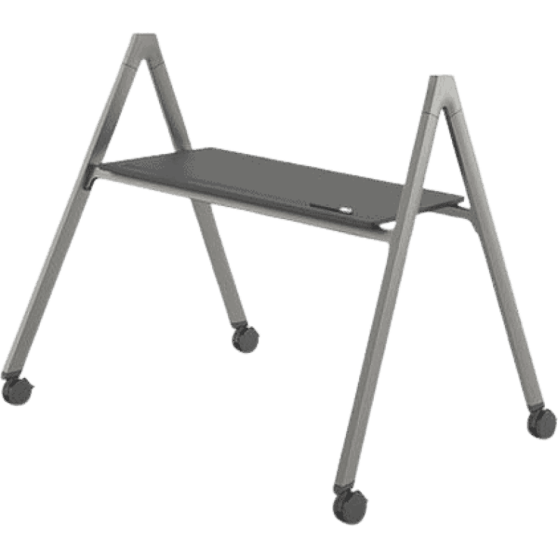 Sturdy grey mobile workstation with a shelf and wheels for easy movement.