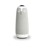 Modern white smart speaker with sleek design and built-in microphones. Ideal for audio conferencing and smart home control.