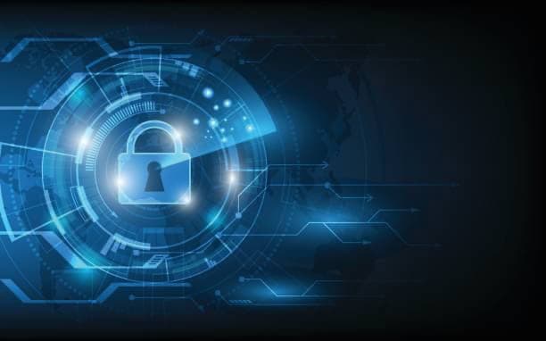 Icône de cadenas sur fond futuriste représentant la sécurité numérique, symbolisant la cybersécurité.