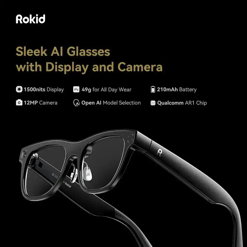 Lunettes élégantes dotées d'un écran et d'une caméra, modèle IA ouvert, caméra 12 MP et puce Qualcomm AR1.