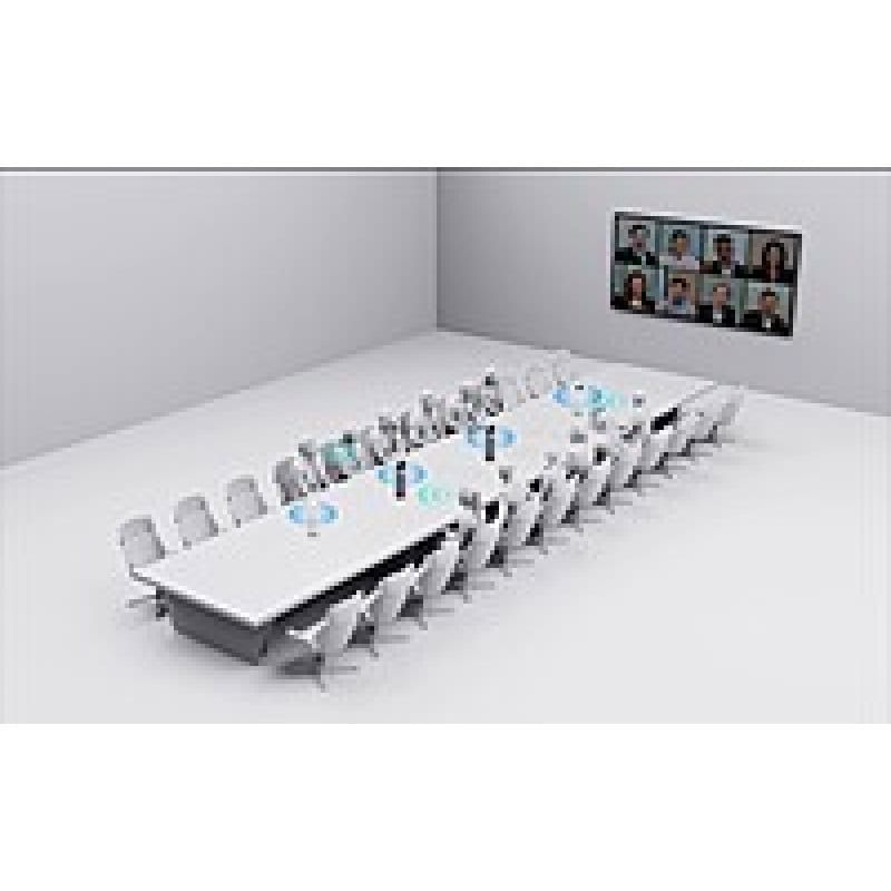 High-tech meeting room setup with video call screens and white conference tables.