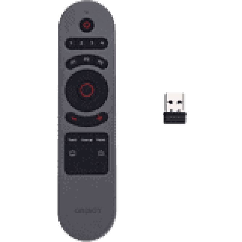 Remote control and USB dongle for AV equipment.