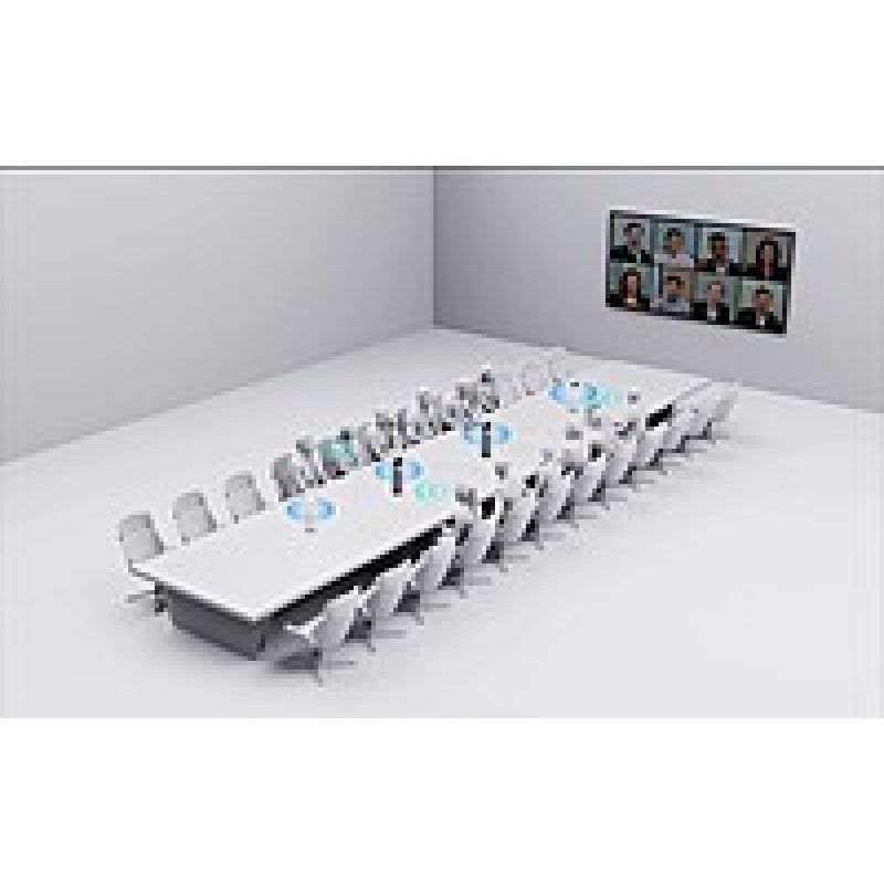 High-tech meeting room setup with video call screens and white conference tables.