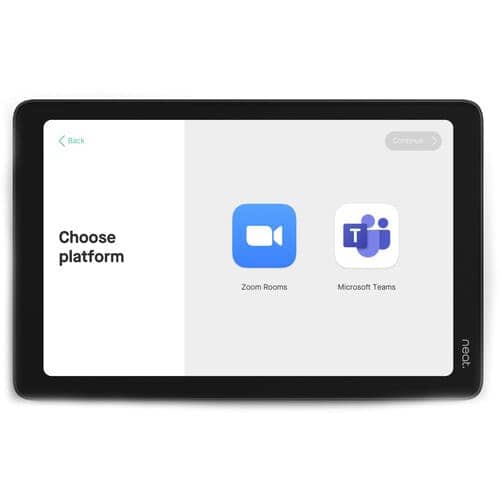 Choose platform screen showing Zoom Rooms and Microsoft Teams options on a digital device, used for professional video conferencing.