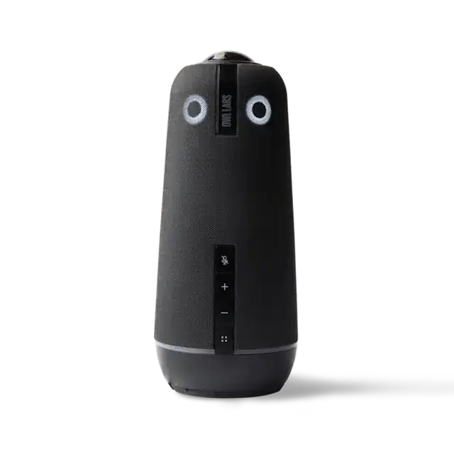 Портативный черный динамик с кнопками управления и круглым сетчатым дизайном.