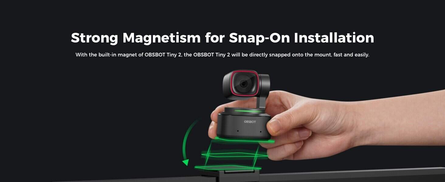 Built-in magnet for snap-on installation on OBSBOT Tiny 2 camera.