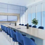 High-quality conference room with advanced audio equipment and panoramic city views, ideal for business meetings.