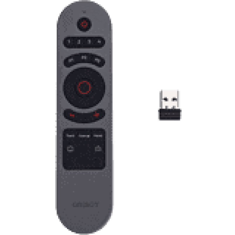 Remote control and USB dongle for AV equipment.