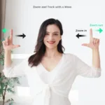 Command with gesture, woman showing how to zoom in and out using hand signals, instructional graphic.