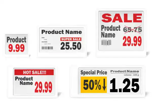 Product discount sale price labels in retail store.