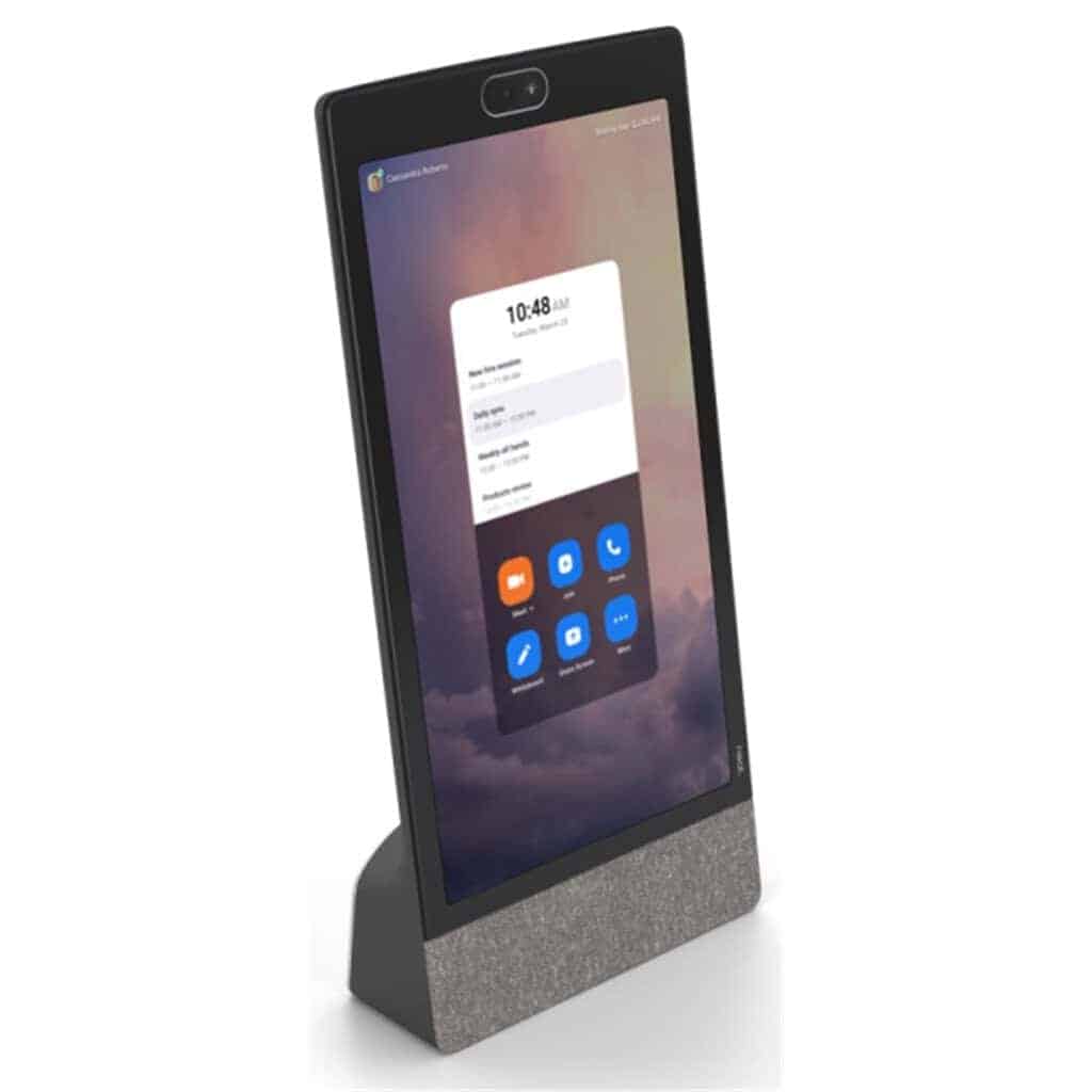 Webcam with large screen and integrated speaker for video conferencing.