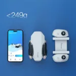 Aerial view of a compact drone with remote control and smartphone app display on a blue background.