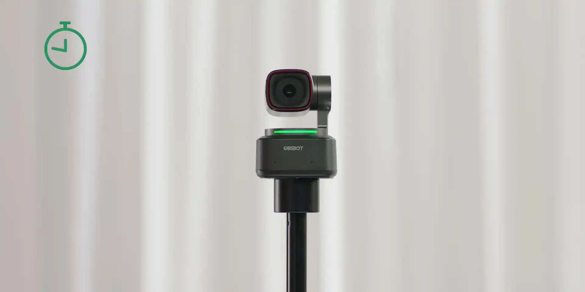 OBSbot AI camera on a stand with a white background and a green timer icon in the top left corner.