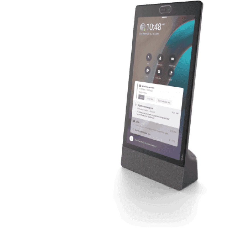 Smart conference device with touchscreen display for video calls and meetings, placed on a stand.