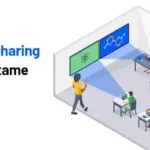 Webcam and screen sharing setup in a classroom environment.
