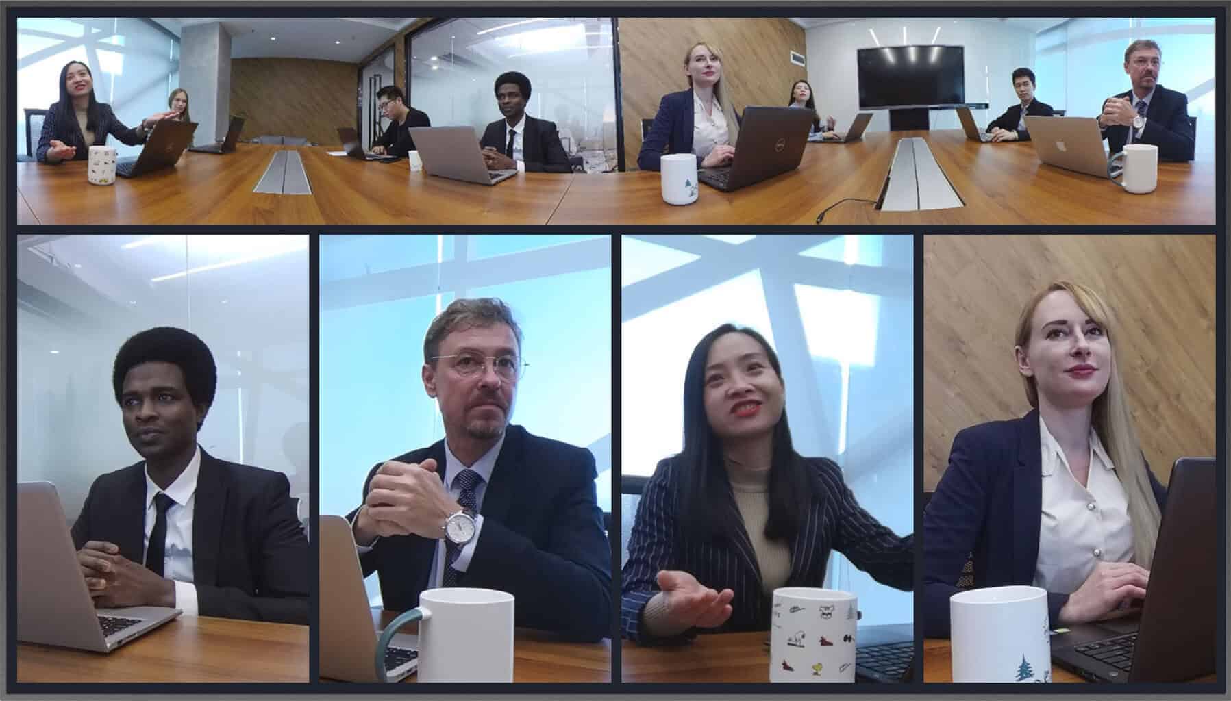 Webcam capturing a professional virtual meeting in a conference room.