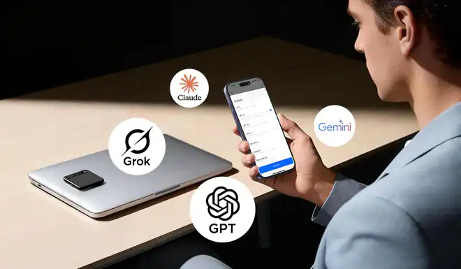 Smartphone controlling multiple apps including Claude, Gemini, Grok, GPT on a modern desk.