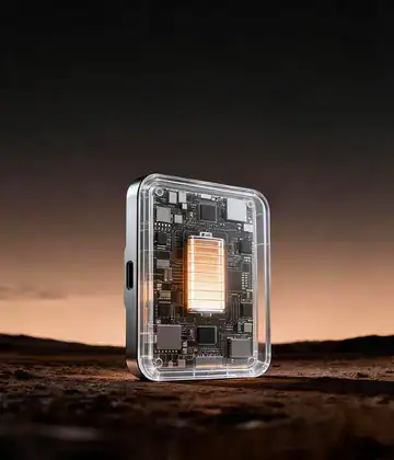 High-tech microchip in transparent casing, industrial background.