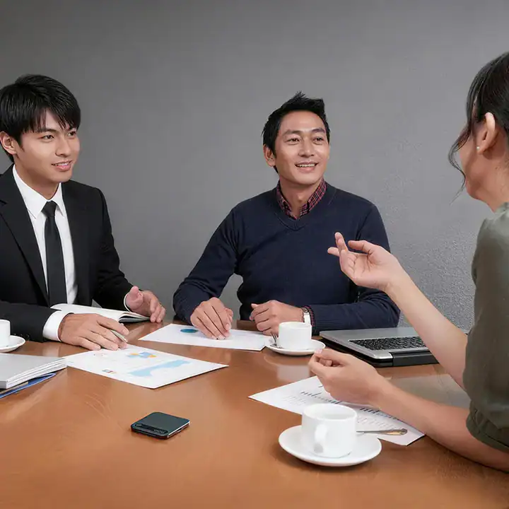 Business meeting with colleagues discussing strategies in a professional office environment.